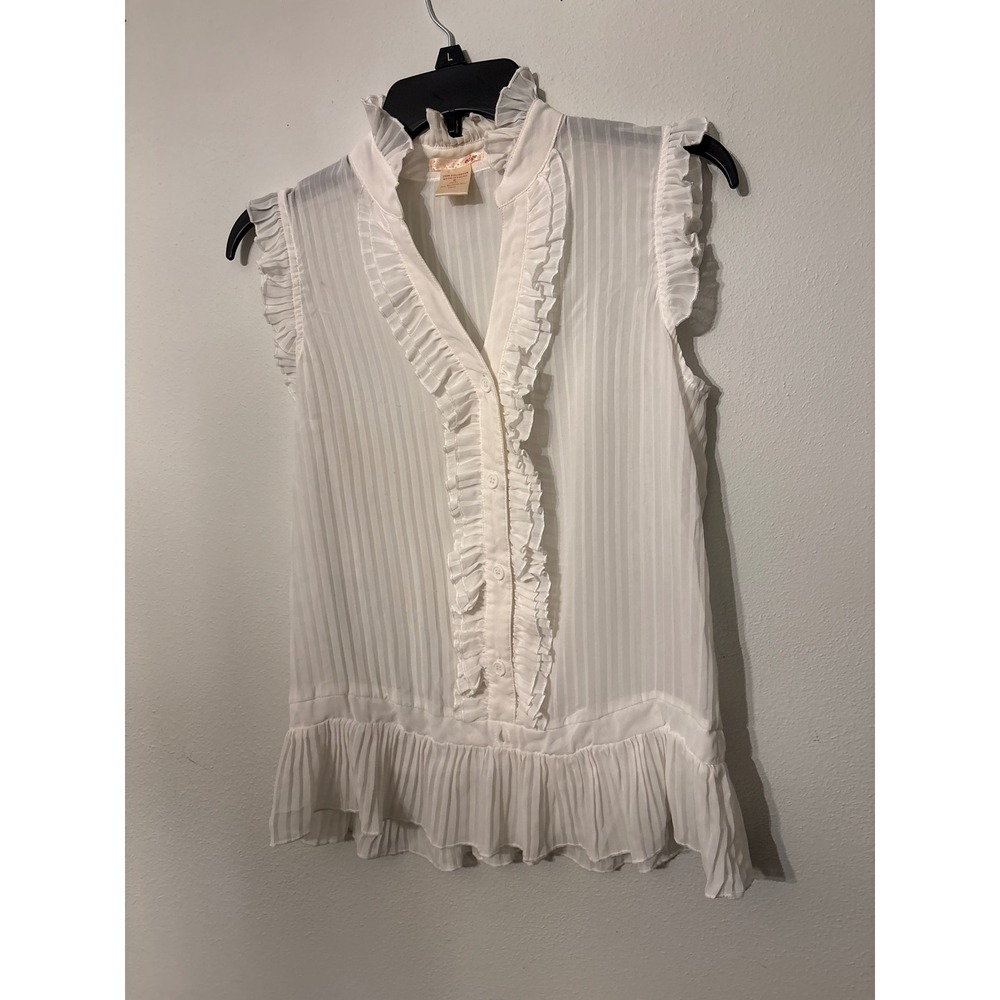 Rampage Edge Blouse Womens S White Excellent Ruffle Pleated Peplum Sheer Stripe